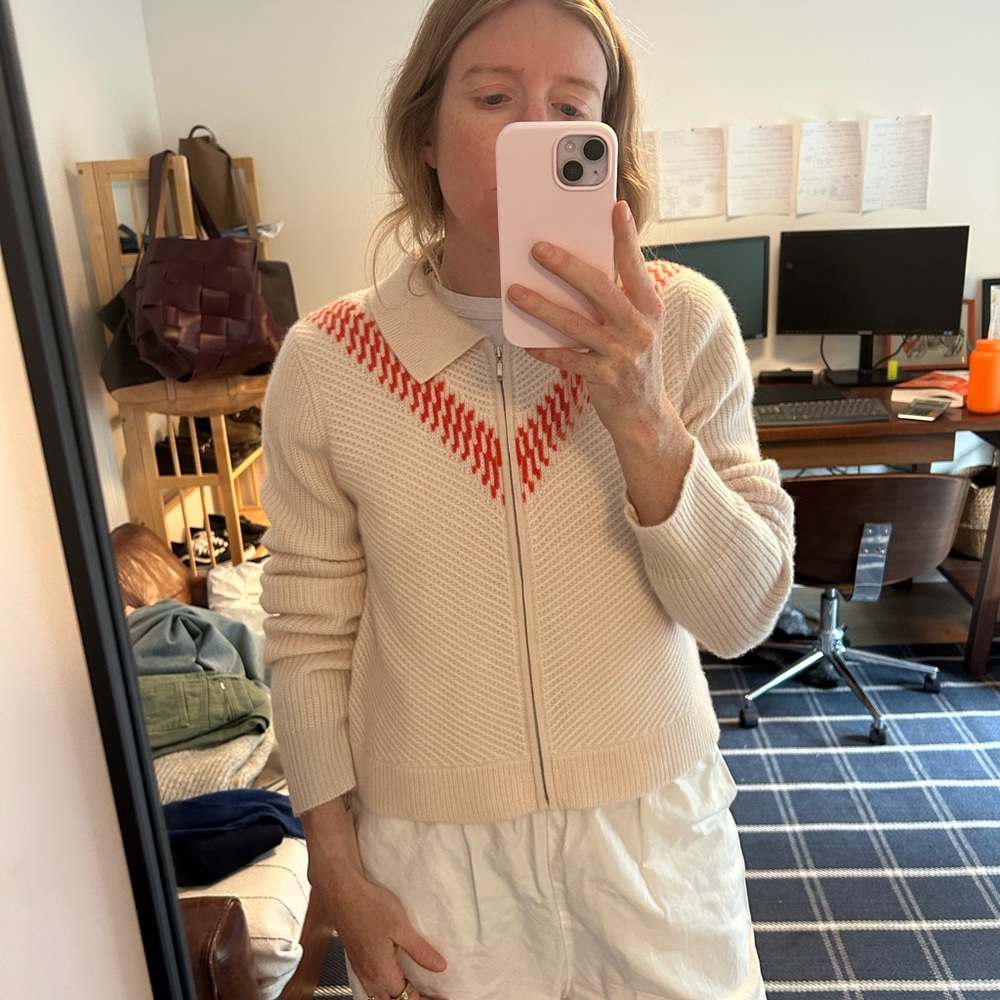 Cream and Red Cardigan Sweater with Knit Texture